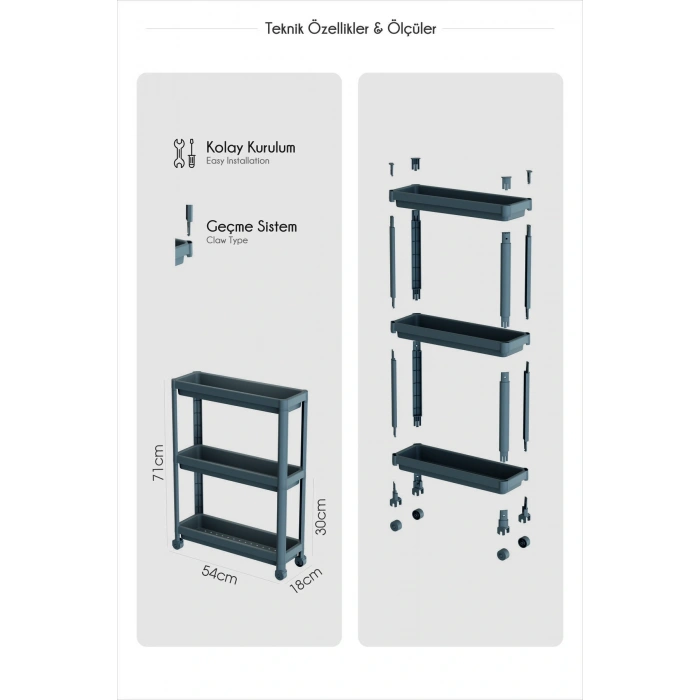 Dar Alan Uyumlu Tekerlekli 3 Katlı Mutfak Rafı – Yağlık, Baharatlık ve Peçetelik Organizer