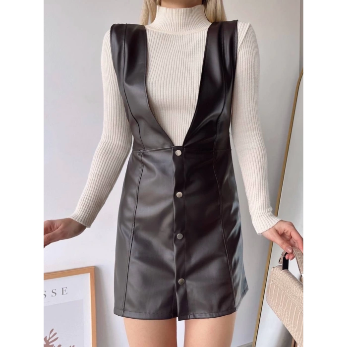 Deri jile elbise kahve w24796