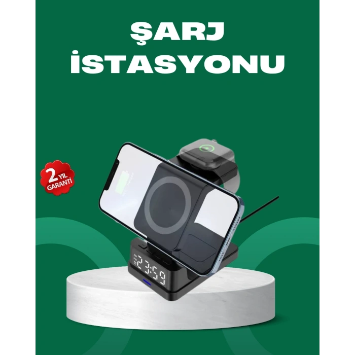 Dijital Saatli Kablosuz Şarj İstasyonu – 3’ü 1 Arada Apple Uyumlu Hızlı Şarj ve LED Ekran