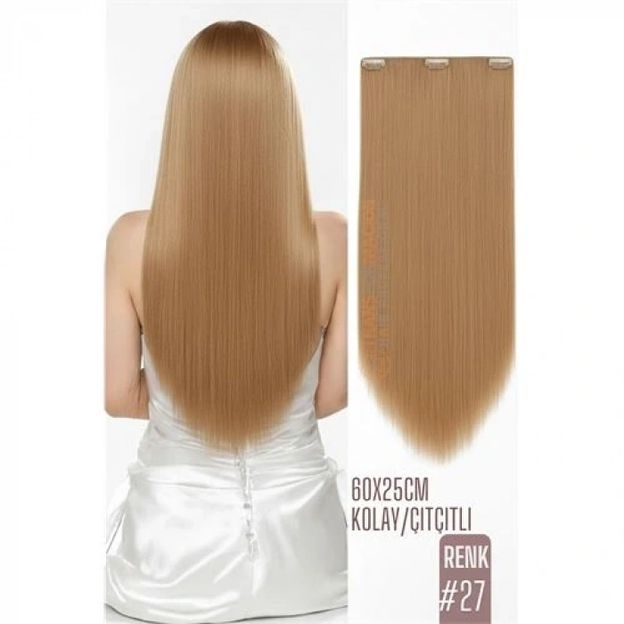 Doğal Görünümlü Düz Siyah Sentetik Kaynak Saç – RENK KOD:#27  Kolay Tak Çıkar, Işıltılı Etki!