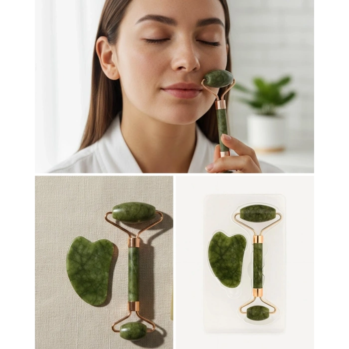 Doğal Yeşim Taşı Yüz Masaj Roller ve Gua Sha Seti 2 Parça