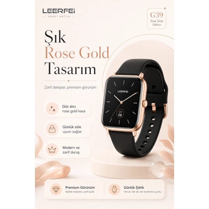 Dokunmatik Ekranlı Rose Gold Akıllı Saat Kablosuz Şarj Özellikli Günlük Kullanım