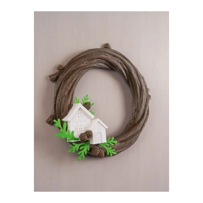 Eco Lounge Kış Köyü Kapı Süsü 21 cm – Ahşap Dal Temalı Yılbaşı Dekoru
