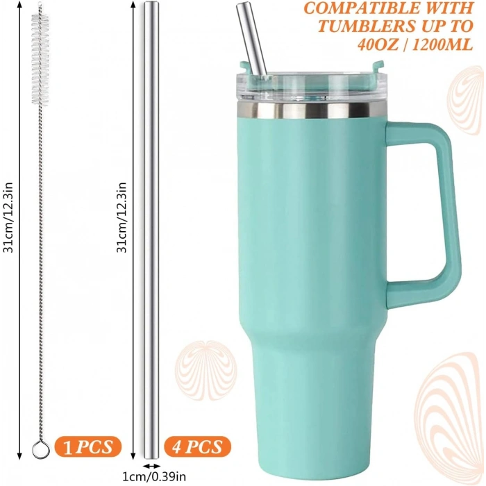 Ekstra Uzun Paslanmaz Çelik Pipet Seti – 3 Parça (Eğri + Düz + Fırça)
