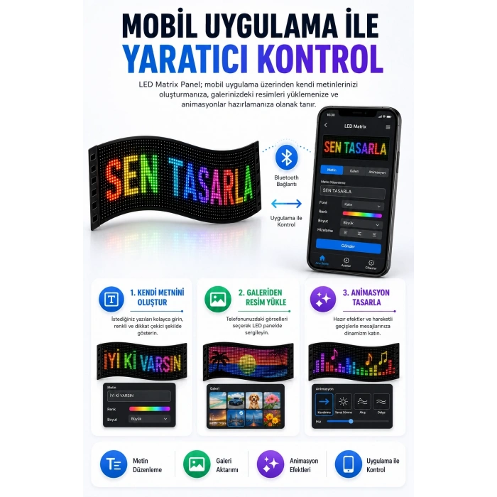 Esnek LED Matrix Panel Kayan Yazı Ekranı Kumandalı Ritim Ve Galeri Destekli