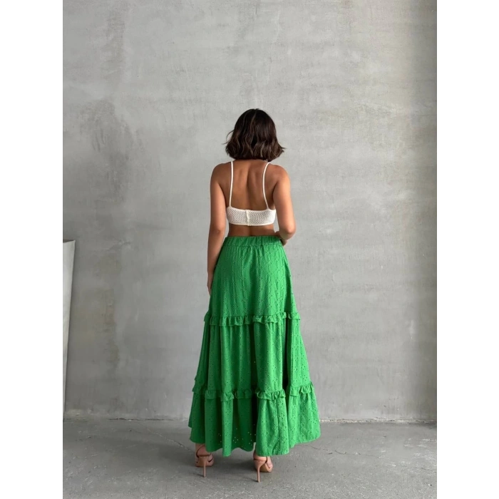 Fırfırlı brodeli astarlı uzun etek yeşil s255047