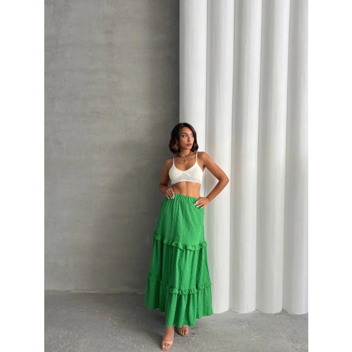 Fırfırlı brodeli astarlı uzun etek yeşil s255047