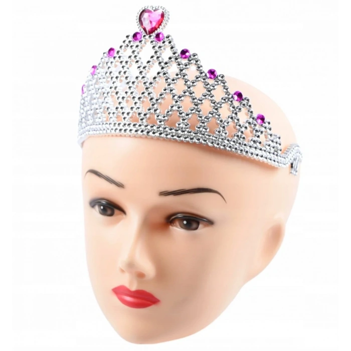 Fuşya Kalpli Gümüş Renk Kraliçe Tacı Prenses Tacı