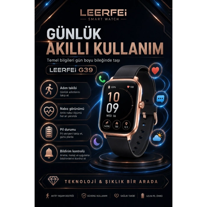 G39 Model Kablosuz Şarjlı Akıllı Saat Rose Gold Renk Bildirim Ve Arama Destekli