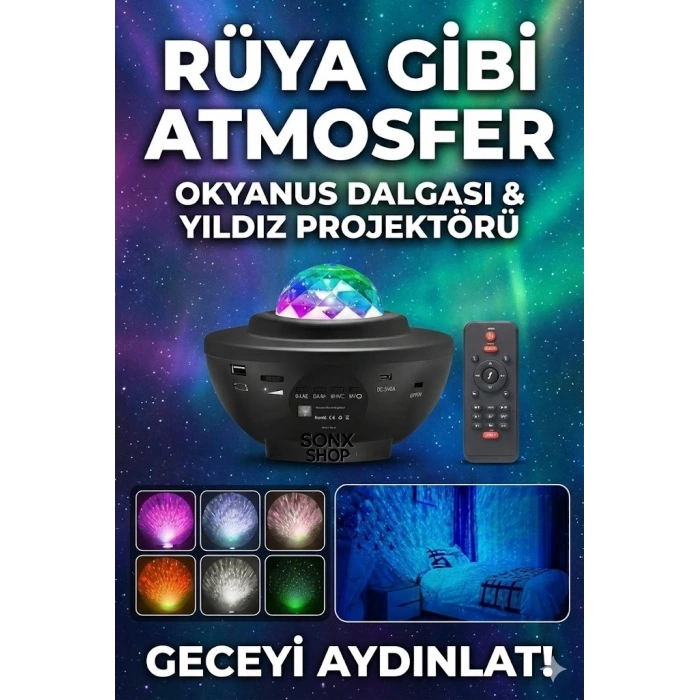 Galaksi Yıldız Projektörü ve Bluetooth Hoparlör 10 Renk Modlu Okyanus Dalgalı Gece & Disko Lambası