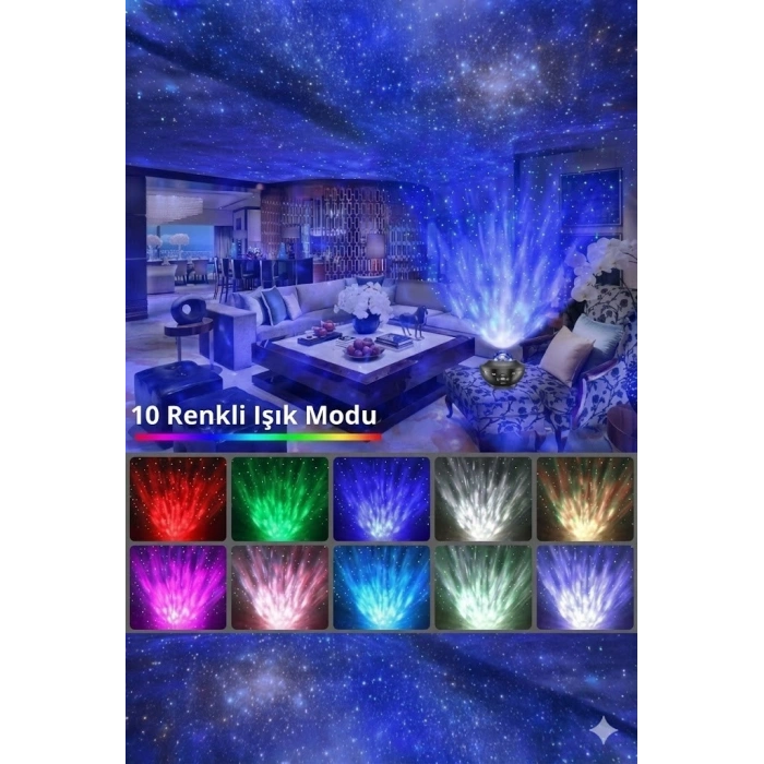 Galaksi Yıldız Projektörü ve Bluetooth Hoparlör 10 Renk Modlu Okyanus Dalgalı Gece & Disko Lambası