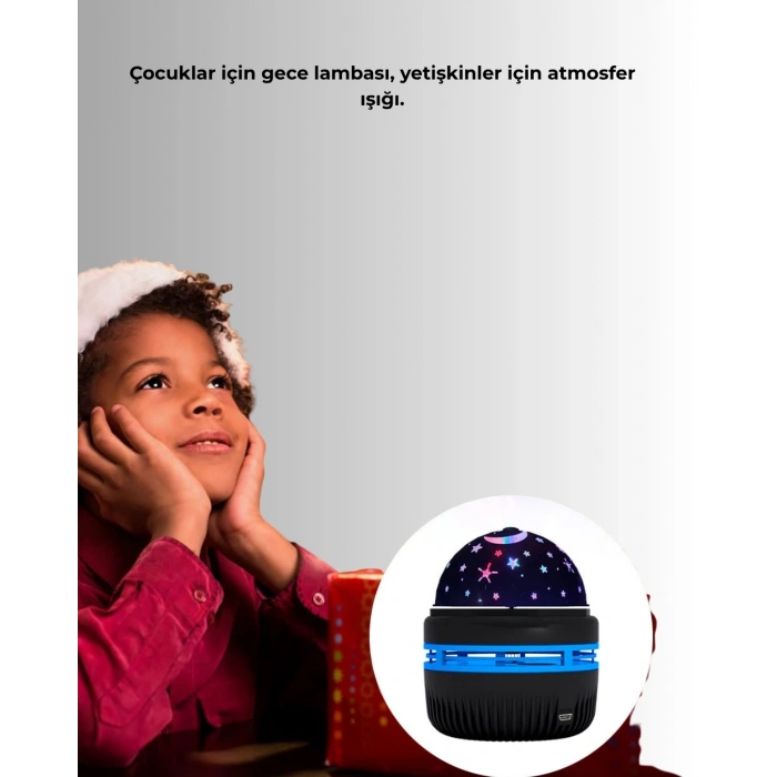 Galaxy Projektör – 360° Dönebilen Gece Lambası, Dekoratif Ambiyans Işığı