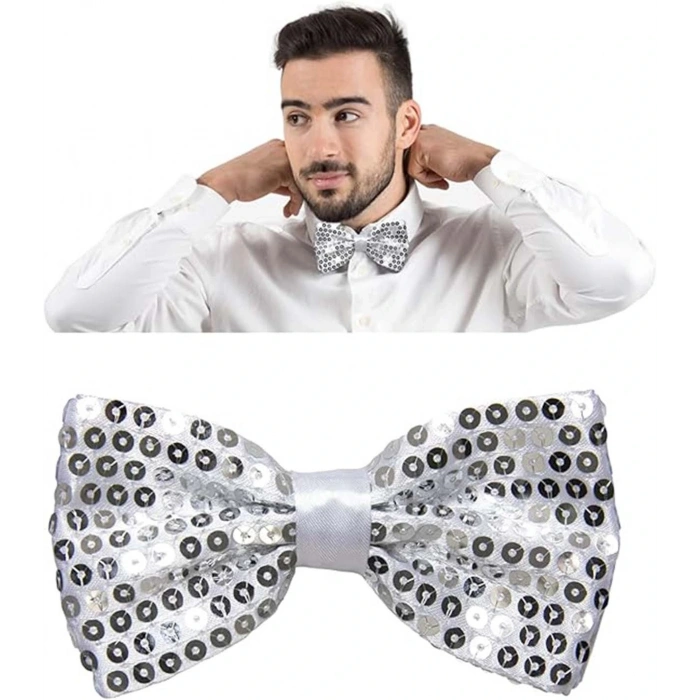 Gece Işıltısı Gümüş Payetli Pullu Papyon 7x2 cm (5047)