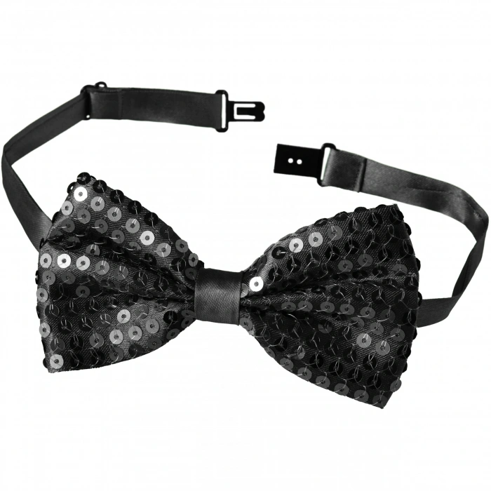 Gece Işıltısı Siyah Payetli Pullu Papyon 7x2 cm (5047)