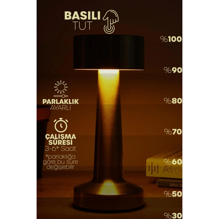 Gold Metal Dokunmatik Şarjlı Masa Lambası 3 Işık Parlaklık Ayarlı Gece Abajuru LED
