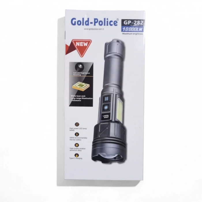 Gold-police Gp-282 Uzun Menzilli Güçlü Şarjlı 10000 Lümen El Feneri 11 Mod Çakar Işıklı Kırmızı-mavi-yeşil Led