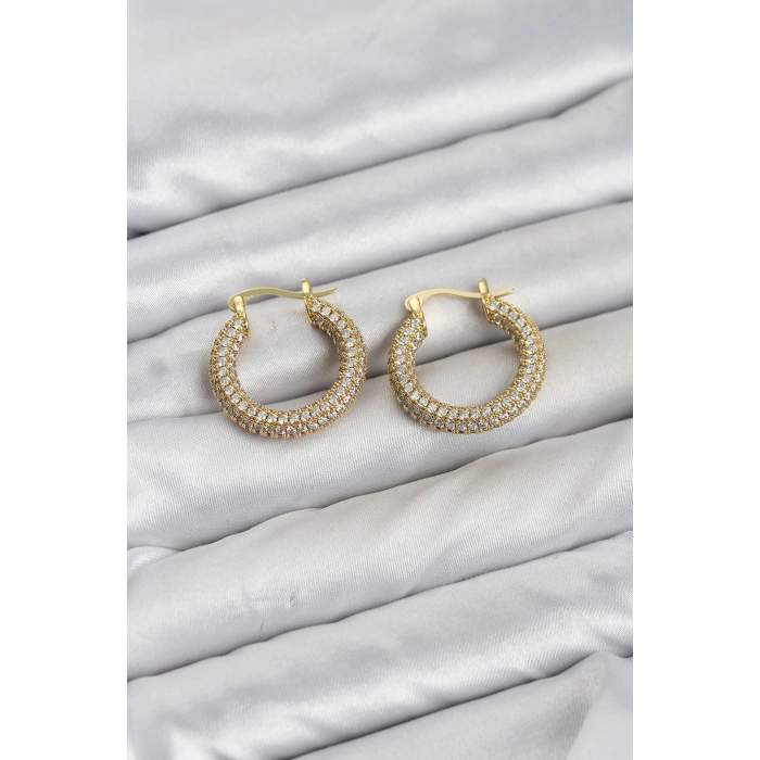 Gold Renk Full Zirkon Taşlı Halka Kadın Küpe