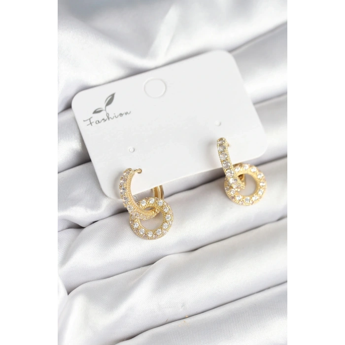 Gold Renk Pirinç Zirkon Taşlı Halka Model Kadın Küpe