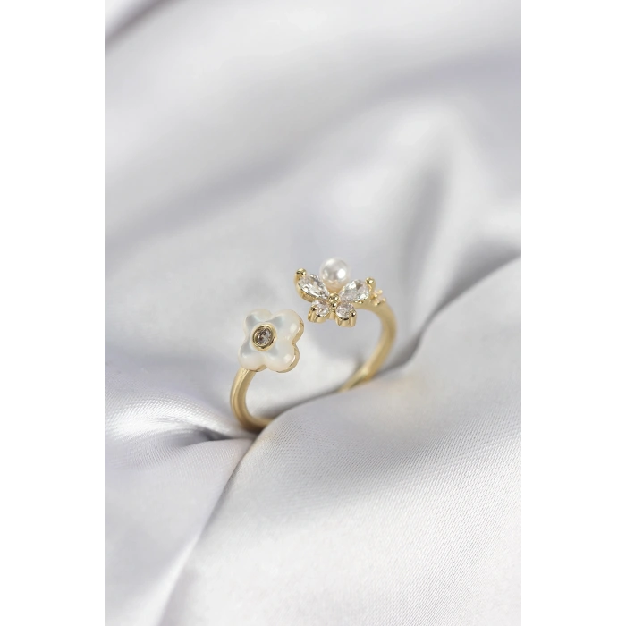 Gold Renk Sedefli Çiçek Model Kadın Yüzük