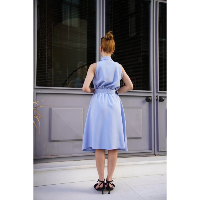 Gömlek yaka kemerli elbise mavi s255061