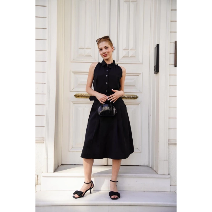 Gömlek yaka kemerli elbise siyah s255061