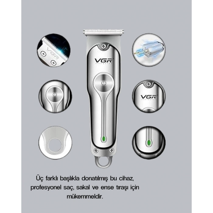 Gümüş Desenli Şarjlı Tıraş Makinesi – 120 Dakika Çalışma Süresi, 3 Başlıklı