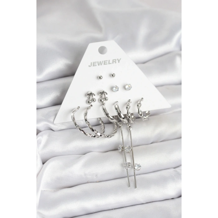 Gümüş Renk Pirinç 6lı Kadın Küpe Seti