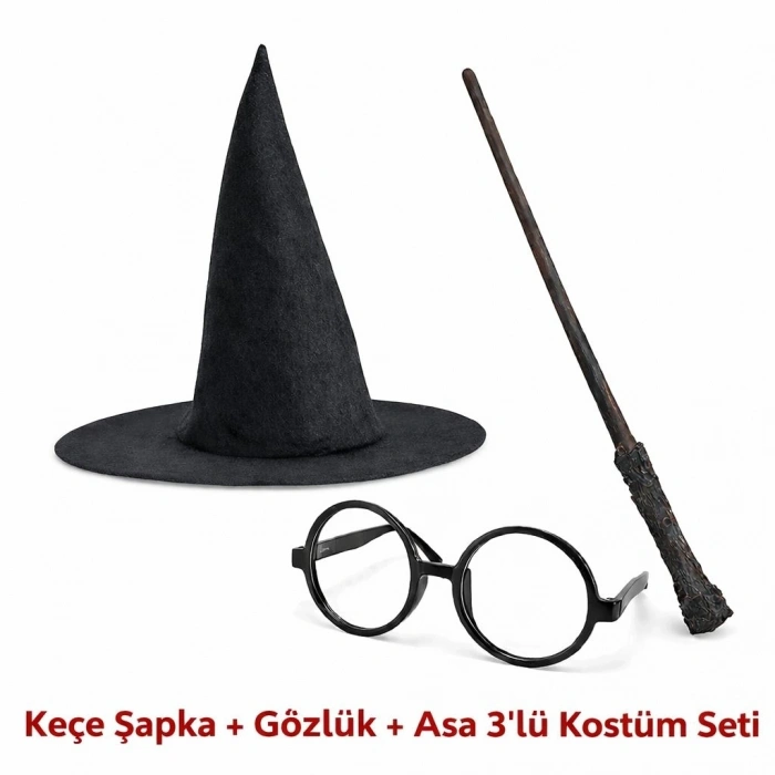 Harry Potter Tarzı Çocuk Seti (siyah Keçe Şapka, Asa, Gözlük)