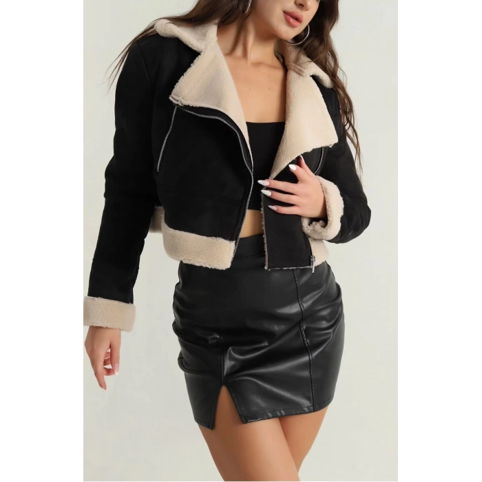 İçi kürklü dışı süet kısa kaban siyah t1186