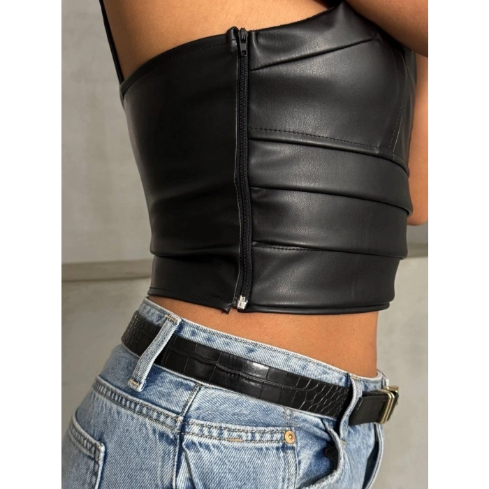İp askılı yandan fermuarlı rastale deri crop siyah s24113