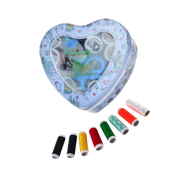 İplik Set Teneke Kutu Kalpli Dikiş Seti