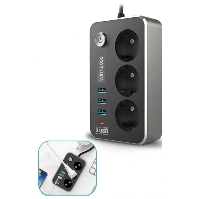 Isıya Dayanıklı Termal Akım Korumalı 2 Mt 10A 2500W 3lü Priz ve 3 Usbi 2.1A Uzatma Kablosu (5047)