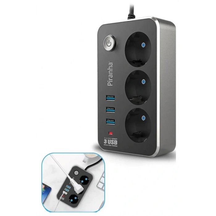 Isıya Dayanıklı Termal Akım Korumalı 2 Mt 10A 2500W 3lü Priz ve 3 Usbi 2.1A Uzatma Kablosu (5047)