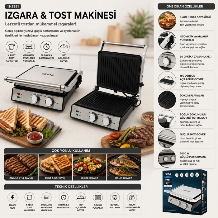 IZGARA VE TOST MAKİNESİ 4 DİLİM YAPIŞMAZ YÜZEY 2000W SSM-2598 (5047)
