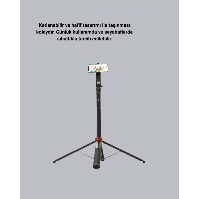 Kablosuz Çift Yaka Mikrofonu ve Tripodlu Selfie Çubuğu İçerik Üretici Seti