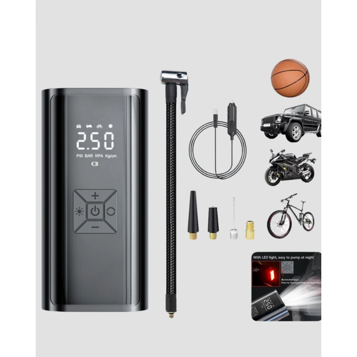 Kablosuz Dijital Lastik Şişirme Pompası LED Işıklı 80W