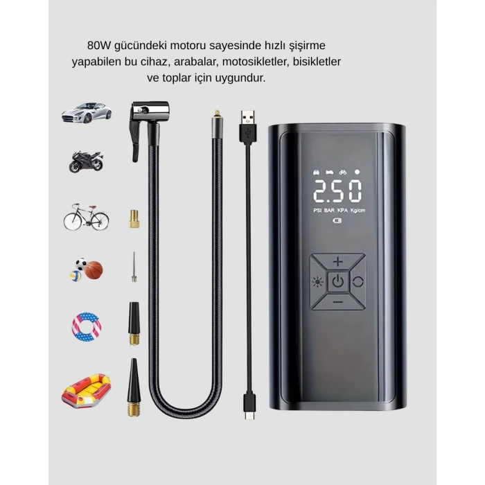 Kablosuz Dijital Lastik Şişirme Pompası LED Işıklı 80W