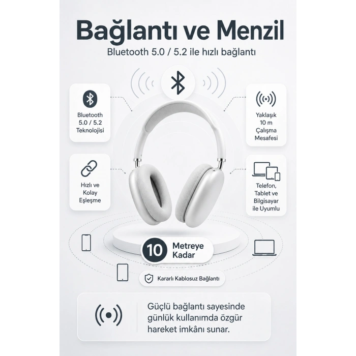 Kablosuz Kulak Üstü Bluetooth Kulaklık Katlanabilir Tasarım Uzun Süreli Kullanım