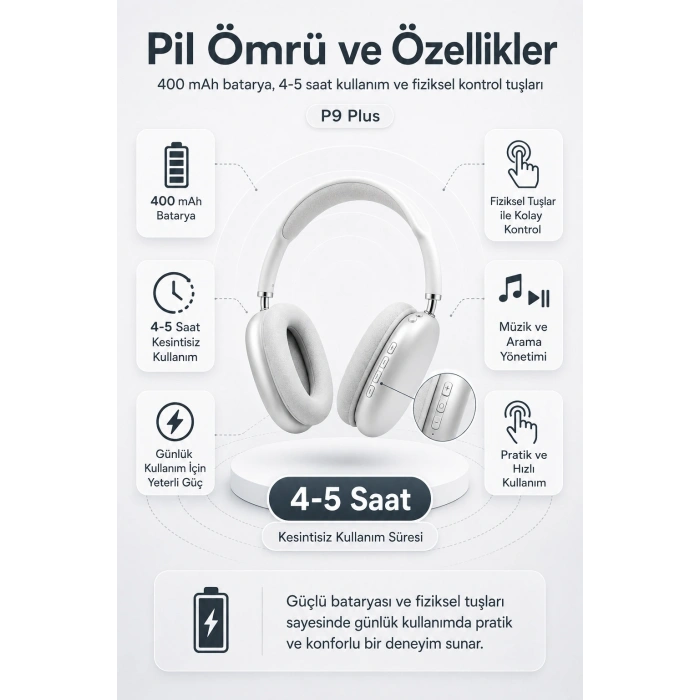 Kablosuz Kulak Üstü Bluetooth Kulaklık Katlanabilir Tasarım Uzun Süreli Kullanım