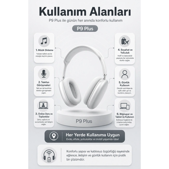Kablosuz Kulak Üstü Bluetooth Kulaklık Katlanabilir Tasarım Uzun Süreli Kullanım
