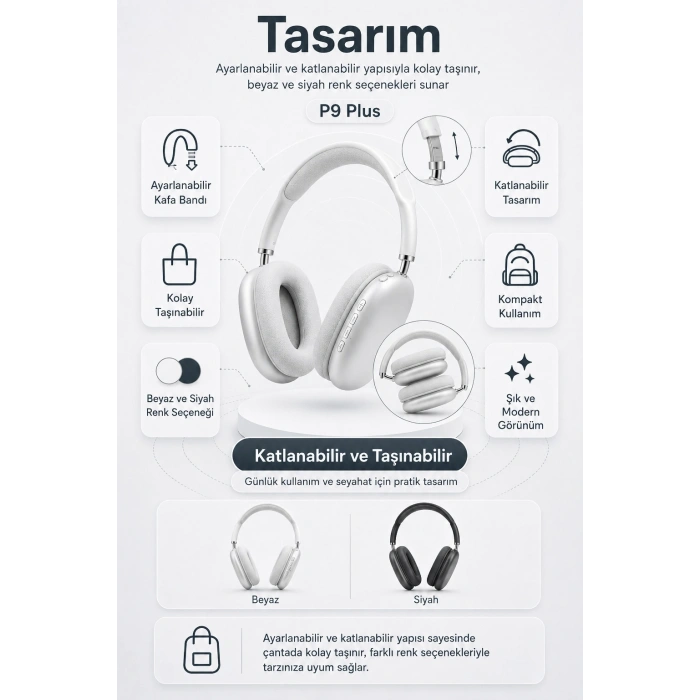 Kablosuz Kulak Üstü Bluetooth Kulaklık Katlanabilir Tasarım Uzun Süreli Kullanım