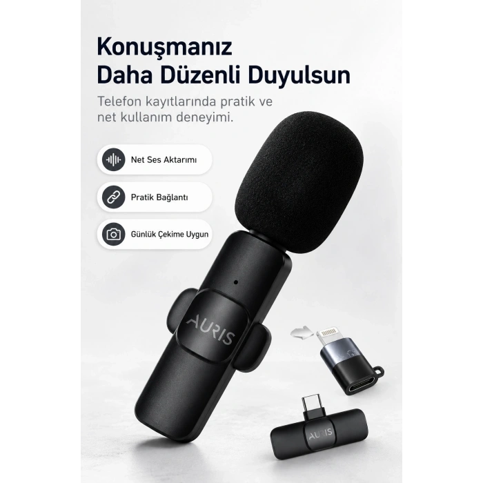 Kablosuz Yaka Mikrofonu Telefon İçin USB-C Lightning Adaptörlü Kompakt Kayıt Cihazı