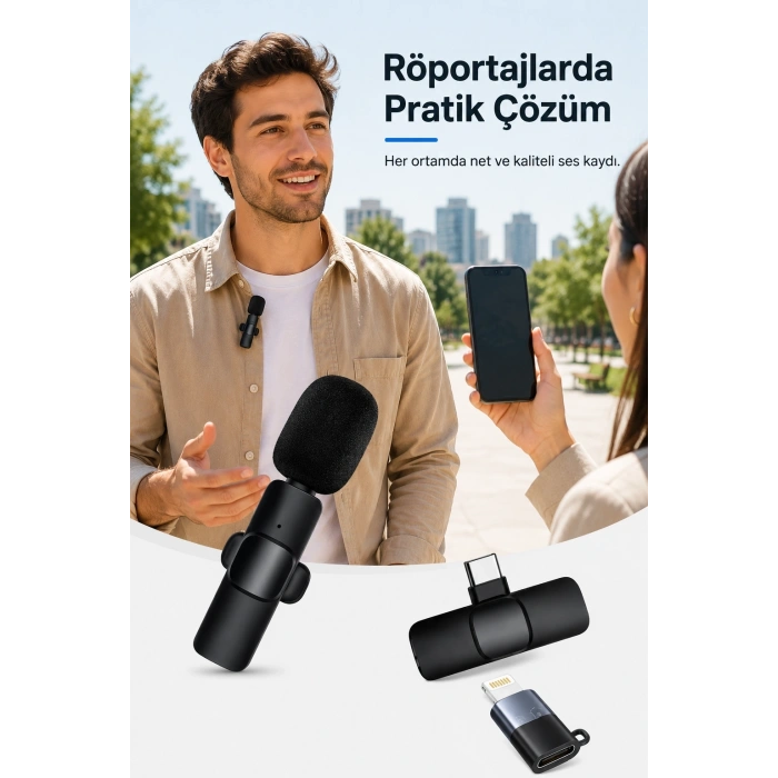 Kablosuz Yaka Mikrofonu USB-C Lightning Uyumlu Tak Çalıştır Telefon Video Ses Kayıt Seti