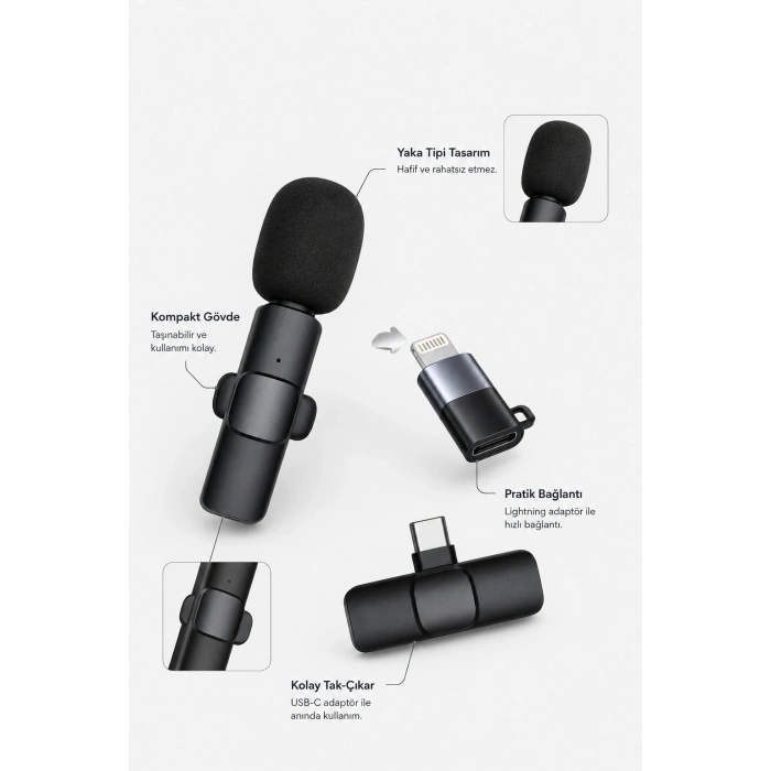 Kablosuz Yaka Mikrofonu USB-C ve Lightning Adaptörlü Telefon Uyumlu Kompakt Ses Kiti