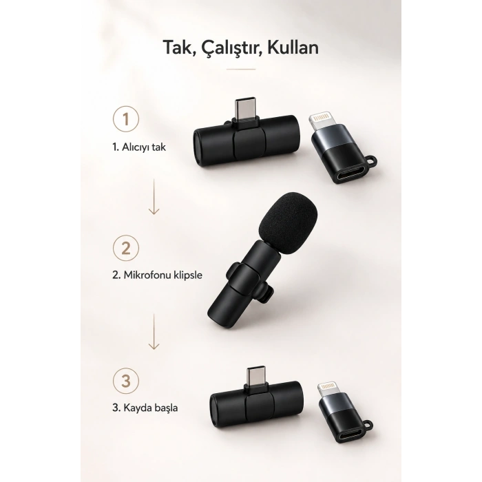 Kablosuz Yaka Mikrofonu USB-C ve Lightning Uyumlu Tak Çalıştır Telefon Kayıt Mikrofonu