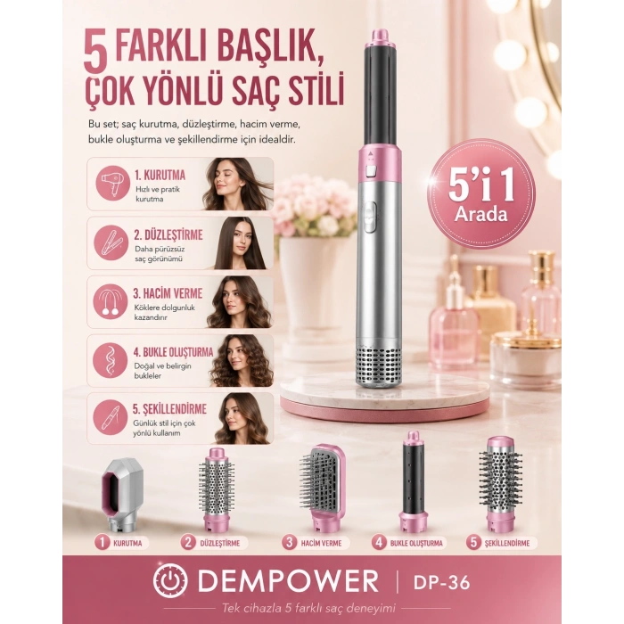 Kadınlar İçin 5 Başlıklı Saç Şekillendirme Seti Fön, Düzleştirme ve Bukle Aparatlı