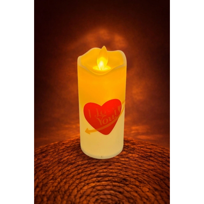 Kalp I Love You Yazılı Işıklı Mum 12 cm