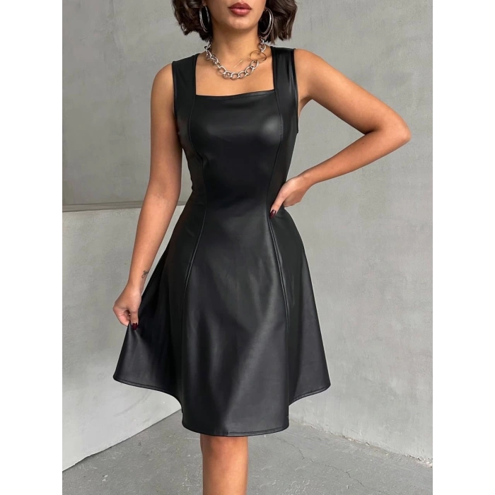 Kare yaka deri elbise siyah h24442