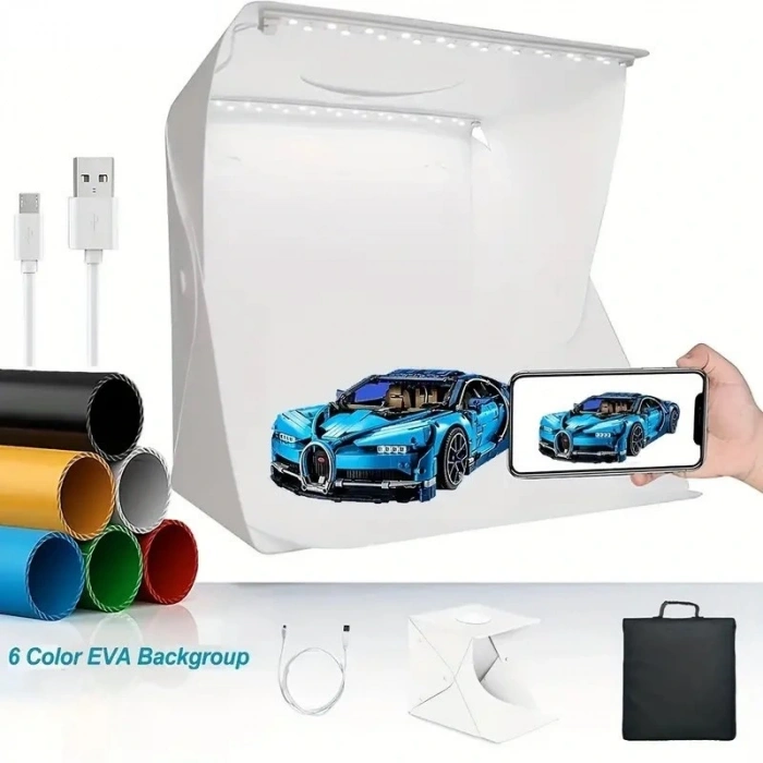 Katlanır Işıklı Fotoğraf Stüdyosu 40x40 cm 6 Renk Fonlu Ürün Çekimi İçin Uygun Fotoğraf Çekim Kutusu (5047)