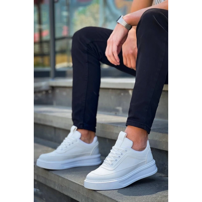 KB-006 Kuback Beyaz Cilt  Yüksek Taban Bağcıklı Günlük Erkek Ayakkabı